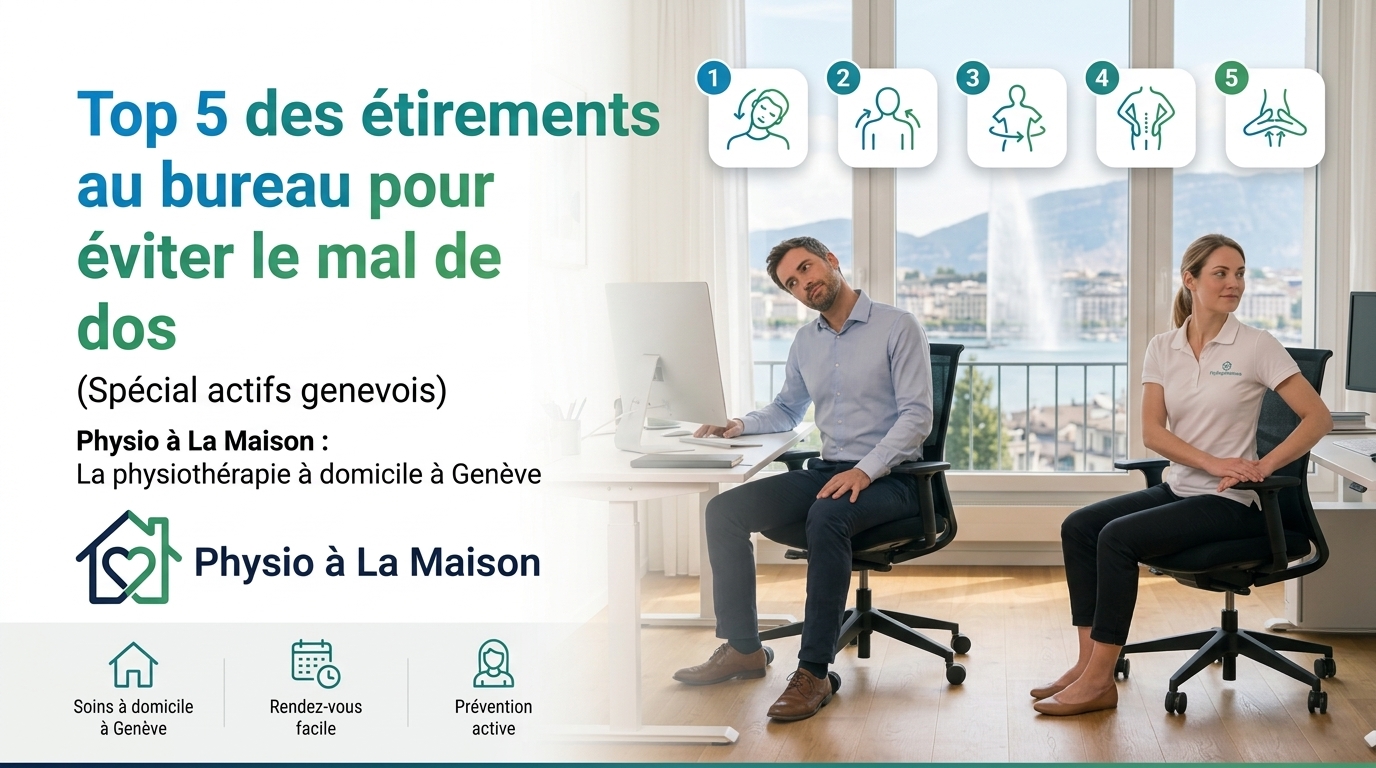 Une image de bannière pour Physio à La Maison, présentant le titre « Top 5 des étirements au bureau », avec un homme et une femme effectuant des exercices de mobilisation du cou et du buste assis à leur poste de travail à Genève. Le logo du cabinet et les cinq étapes d'étirements illustrées sont également visibles.