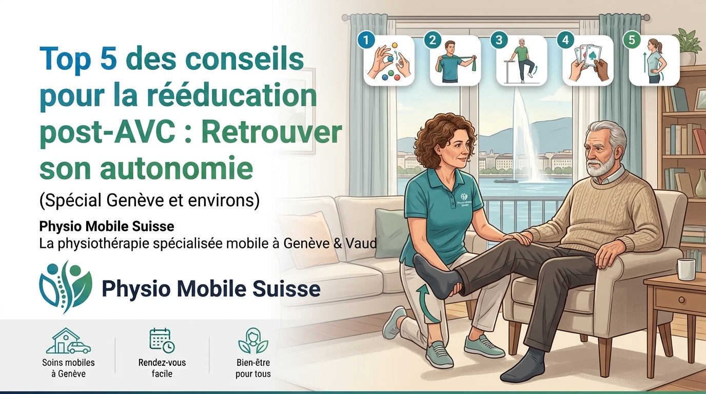 Une physiothérapeute spécialisée de Physio Mobile Suisse guide un homme âgé pour un exercice de levée de jambe assise dans son salon à Genève.