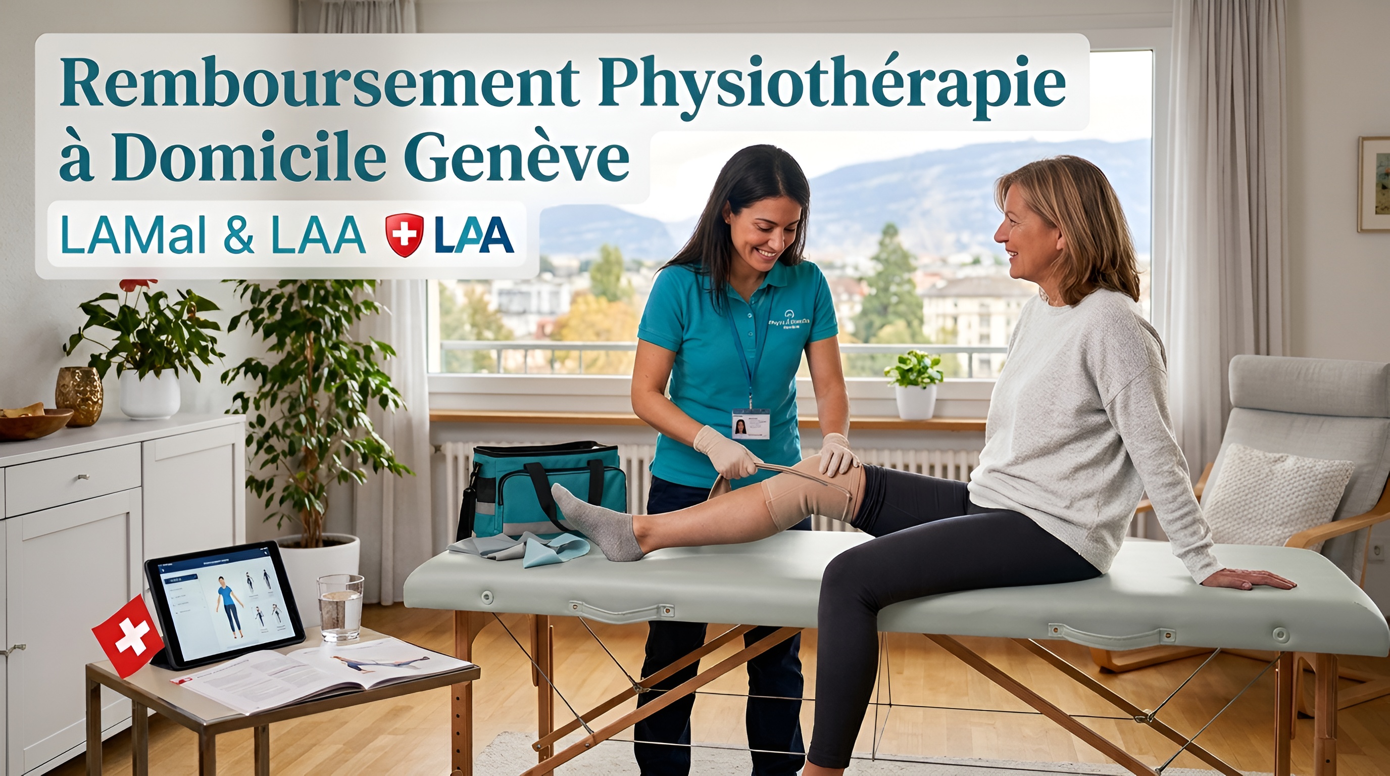 Séance de physiothérapie à domicile à Genève avec une physiothérapeute soignant le genou d'une patiente, sur un fond mentionnant le remboursement LAMal et LAA.
