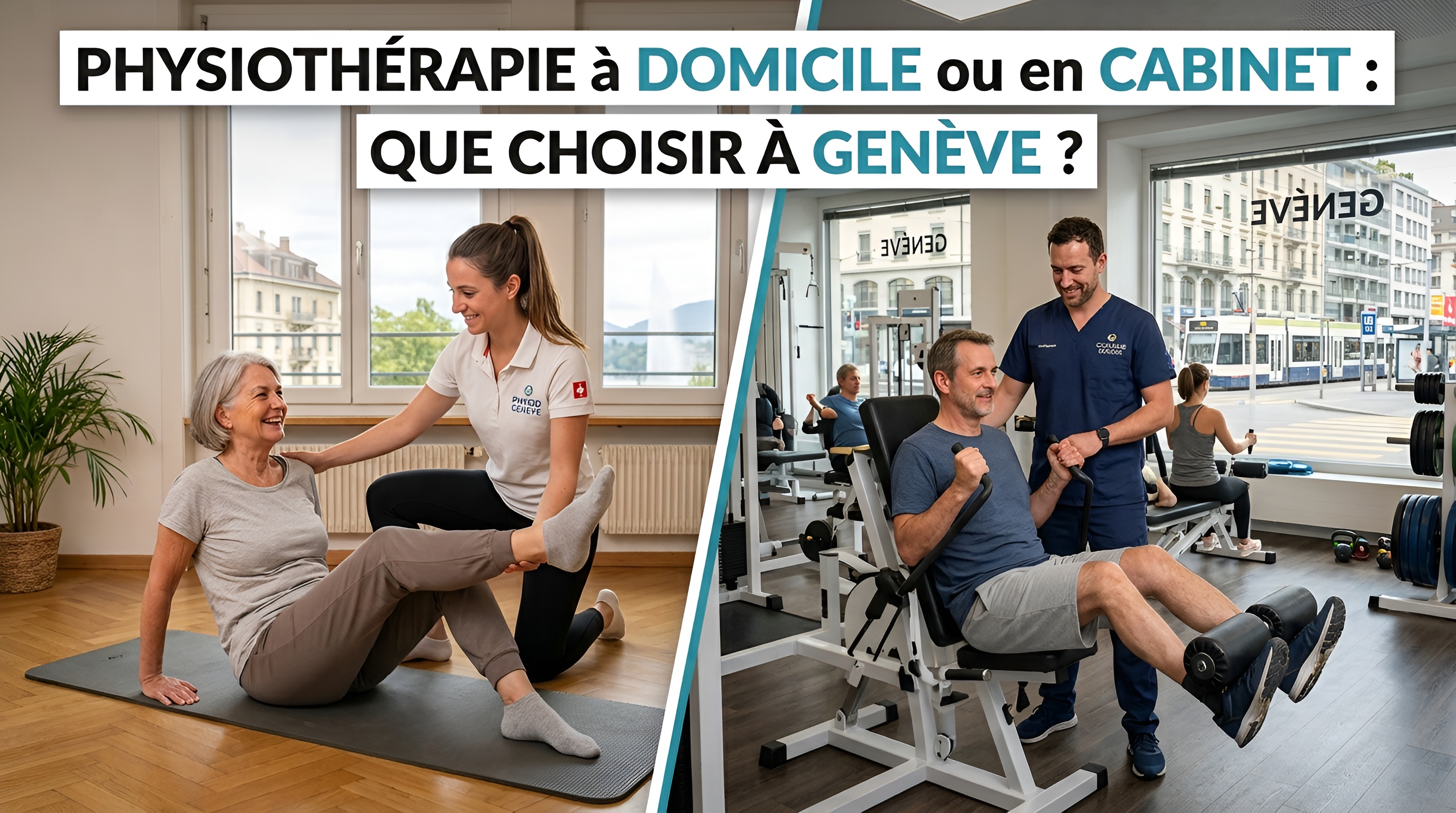 Comparison of home physiotherapy and clinic-based physiotherapy in Geneva with overlay title "Physiothérapie à domicile ou en cabinet : que choisir à Genève ?"